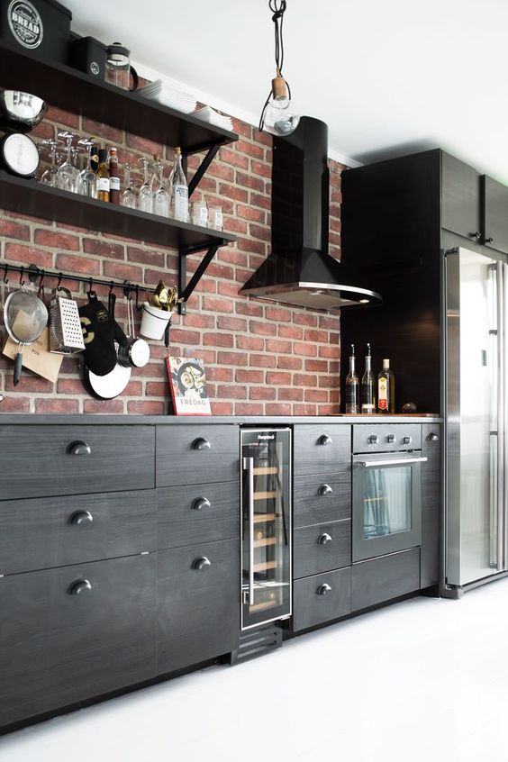 Brick Backsplash With Black Cabinets #brickbacksplash #kitchen #decorhomeideas
