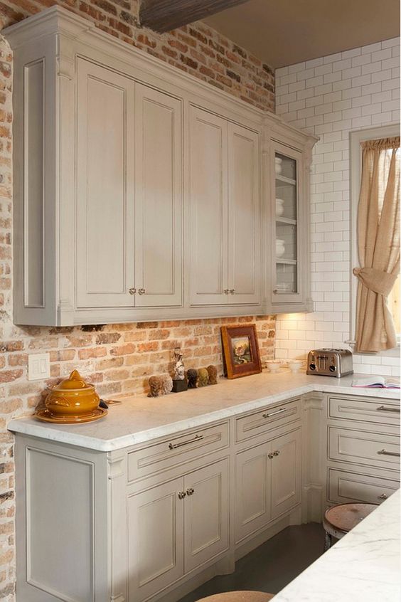 Cabinets Hung On Brick Wall #brickbacksplash #kitchen #decorhomeideas