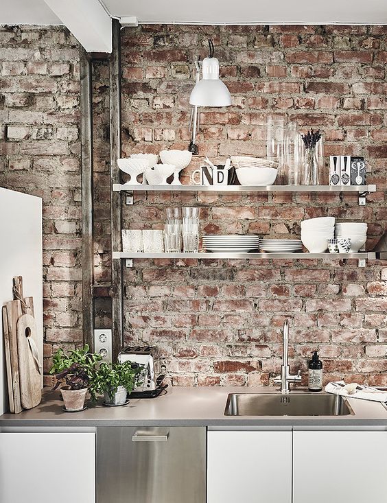 Distressed Brick With Metal Shelves And Countertops #brickbacksplash #kitchen #decorhomeideas