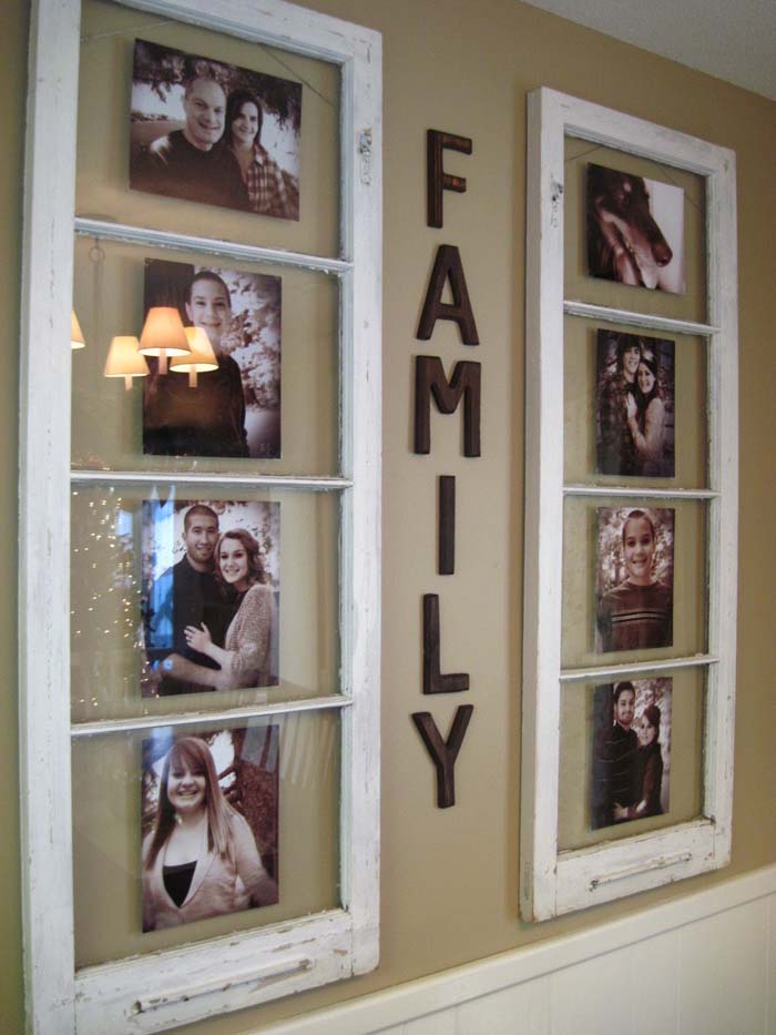 Family Photo Collage from Recycled Window Frames #rustic #walldecor #decorhomeideas