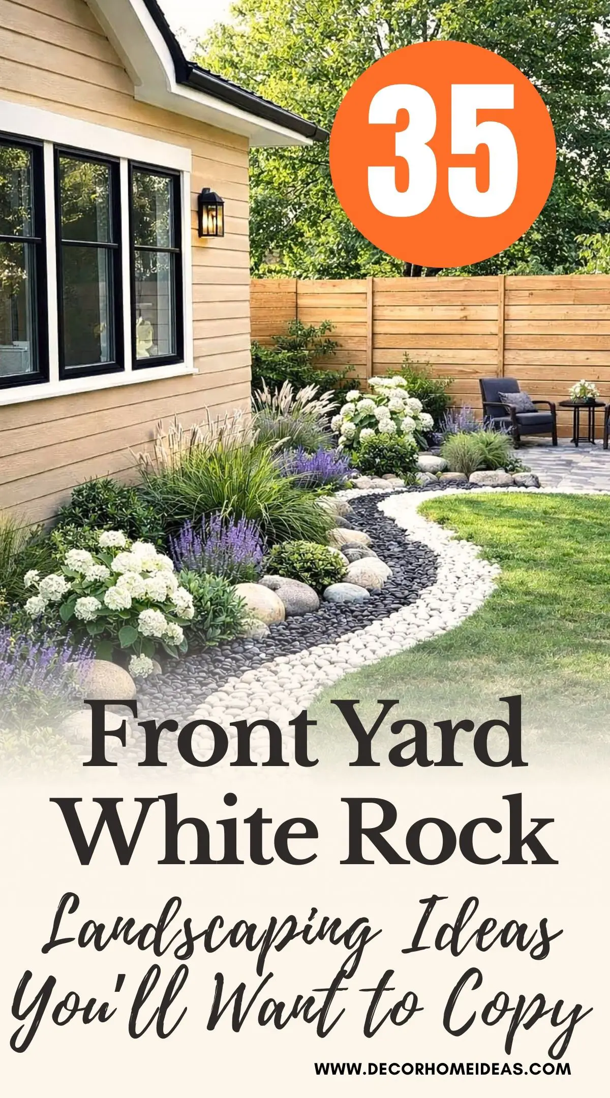 Looking for white rock landscaping inspiration? These 35 front yard ideas showcase elegant gravel driveways, decorative stone flower beds, xeriscape designs, and low maintenance landscaping solutions perfect for a bright and stylish exterior.