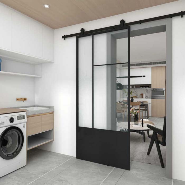 Glass Panel Barn Door to Make Laundry Room Appear Larger #laundry #closetdoors #decorhomeideas