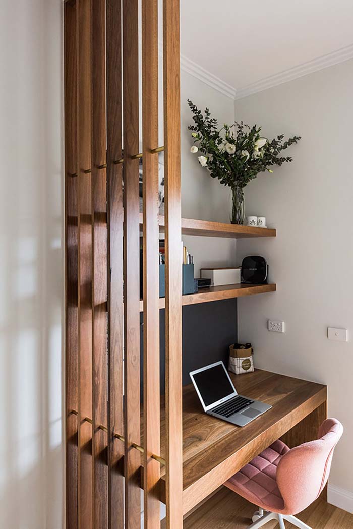 Home Office Feels Private With A Slat Partition #woodenslats #homedecor #decorhomeideas