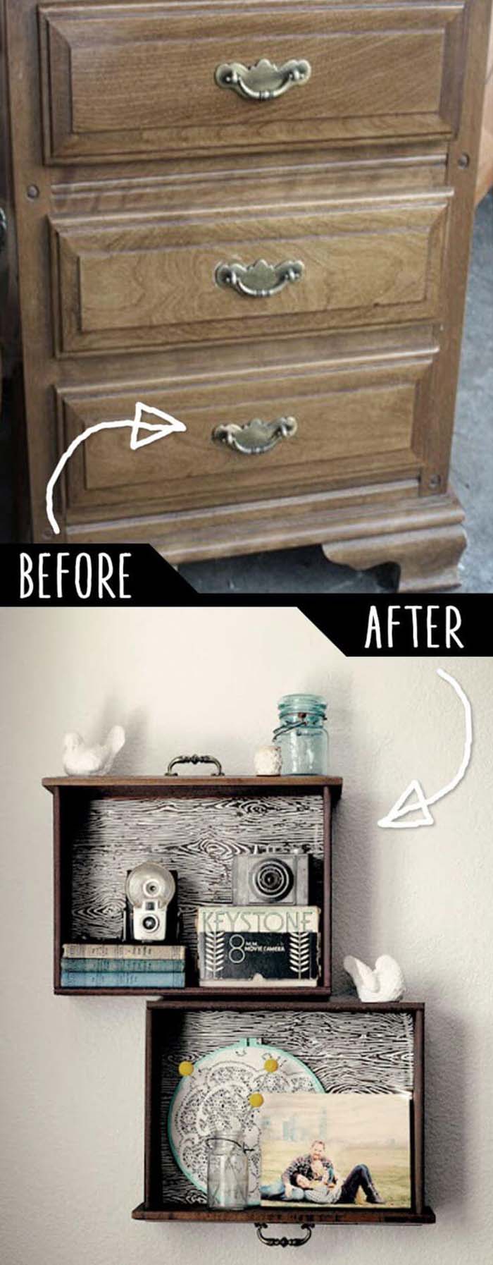 Matching Shelves With Many Uses #recycle #olddrawer #decorhomeideas