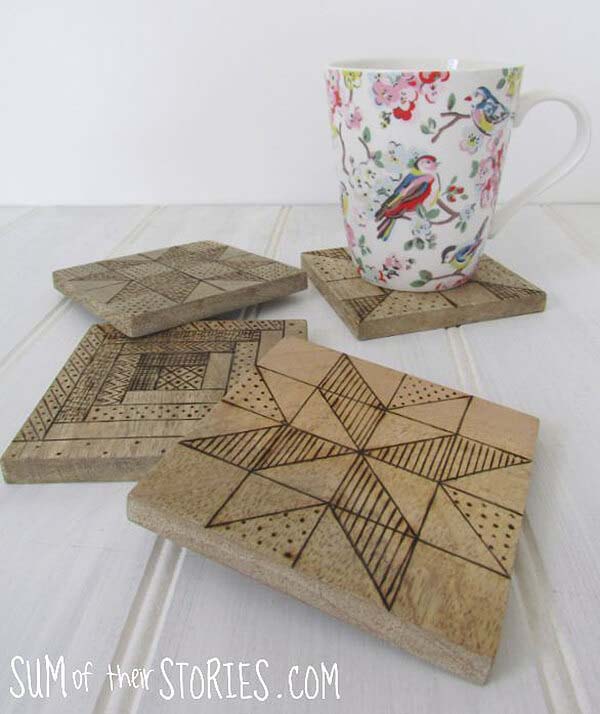 Quilt Block Wood Burned Coasters #woodburning #crafts #decorhomeideas