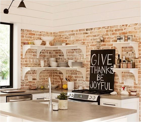 Red Brick Blends With Wood Panels #brickbacksplash #kitchen #decorhomeideas