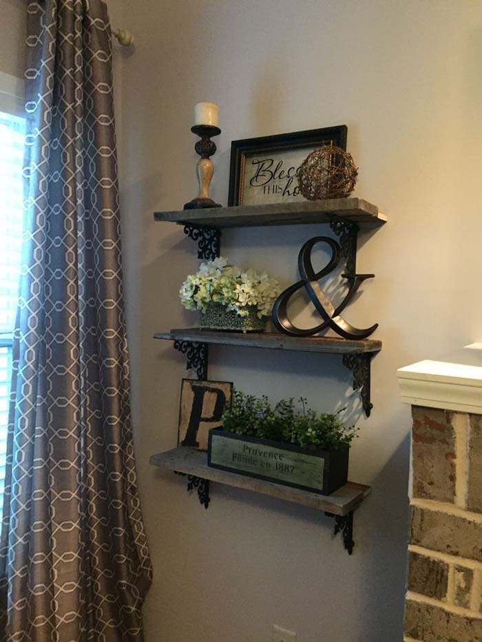 Rustic Triple Shelf Display with Wrought Iron Brackets #rustic #walldecor #decorhomeideas