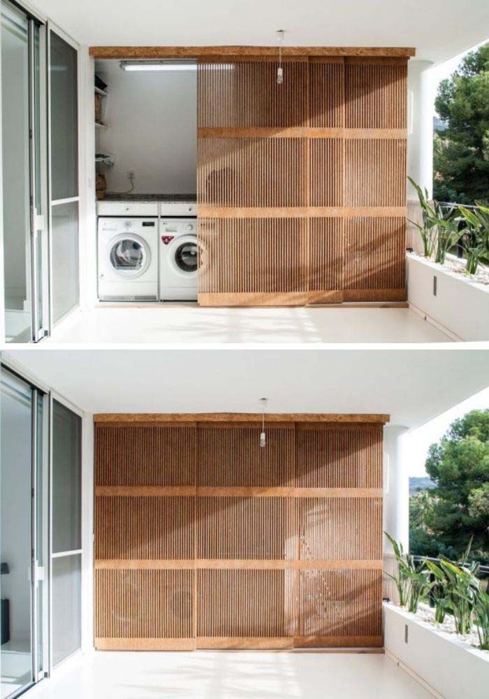 Semi Outdoor Laundry Closet with Decorative Custom Screen Door #laundry #closetdoors #decorhomeideas