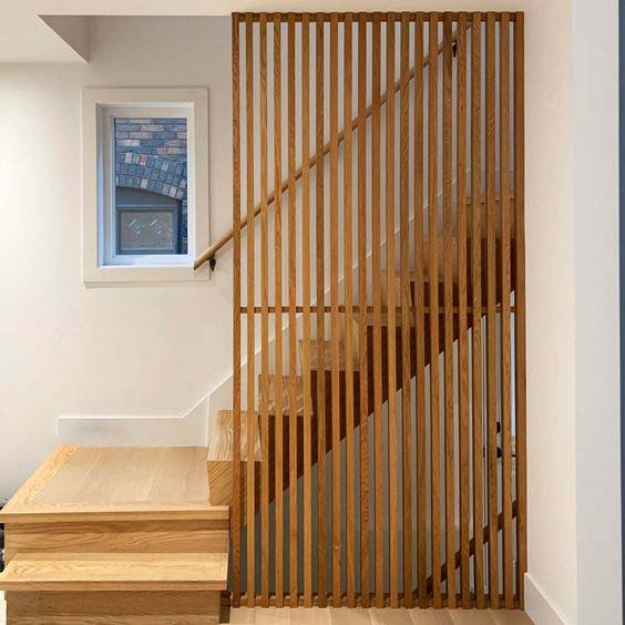 Staircase Modern Slat Wall Replaces The Railings #woodenslats #homedecor #decorhomeideas
