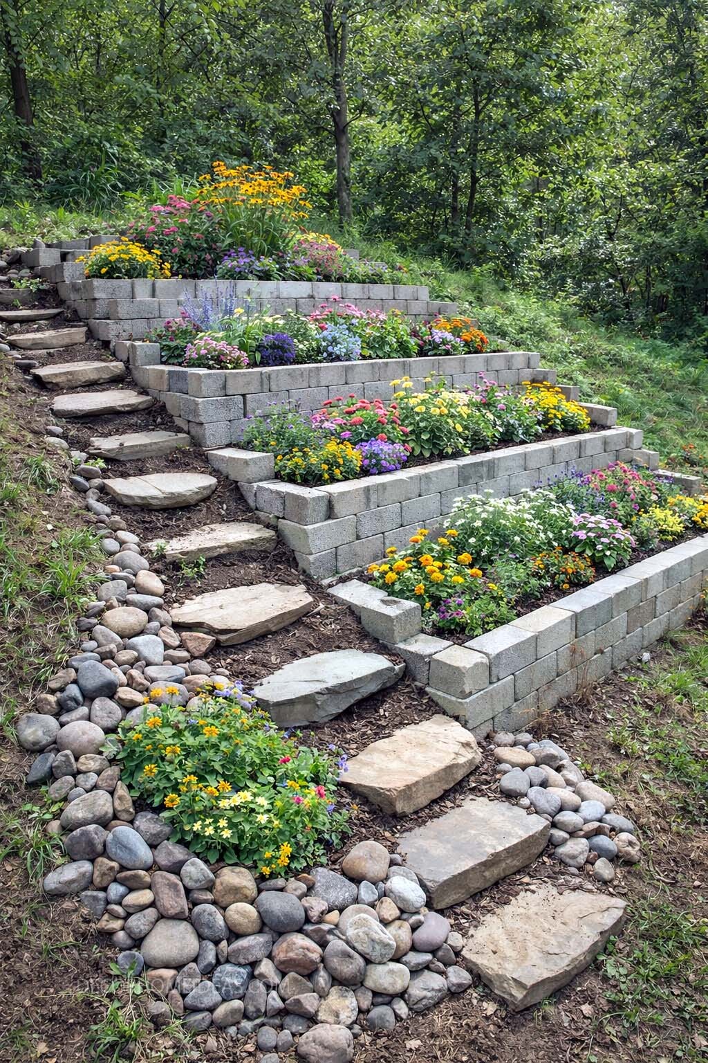 Budget Friendly Hillside Landscaping with Terraced Flower Beds