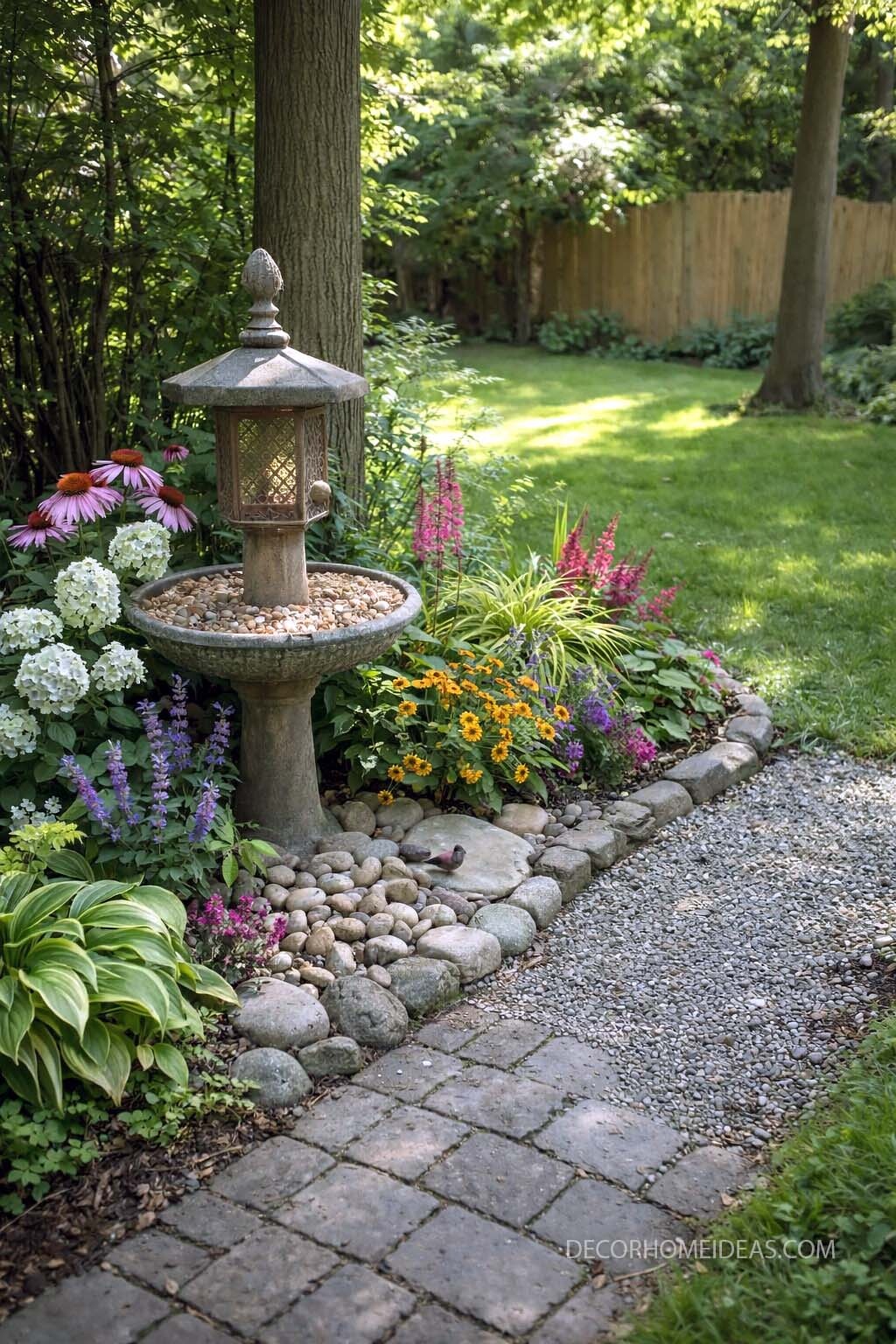 Charming Backyard Corner Flower Bed with Stone Fountain