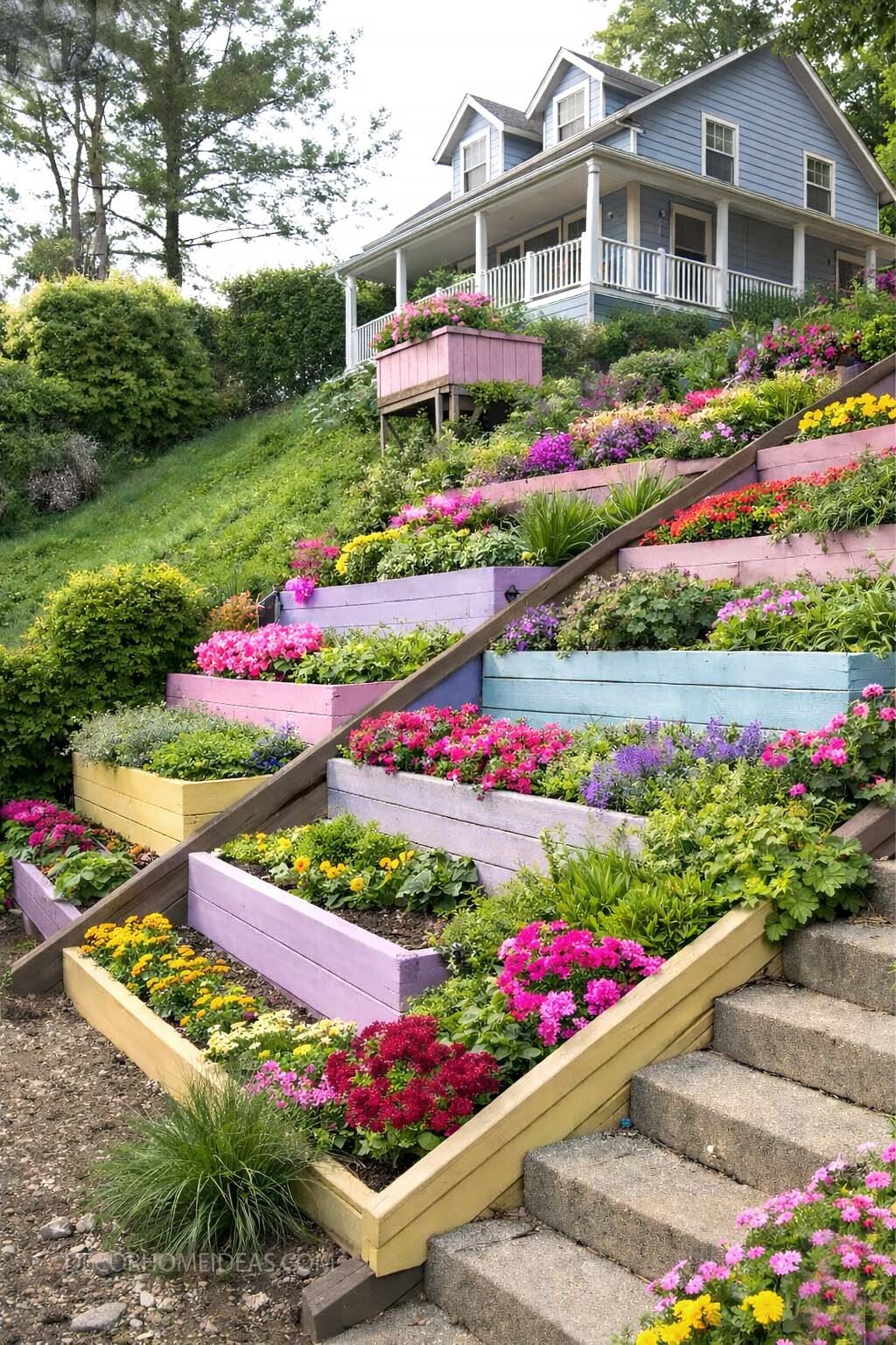Colorful Hillside Landscaping Ideas with Terraced Flower Beds