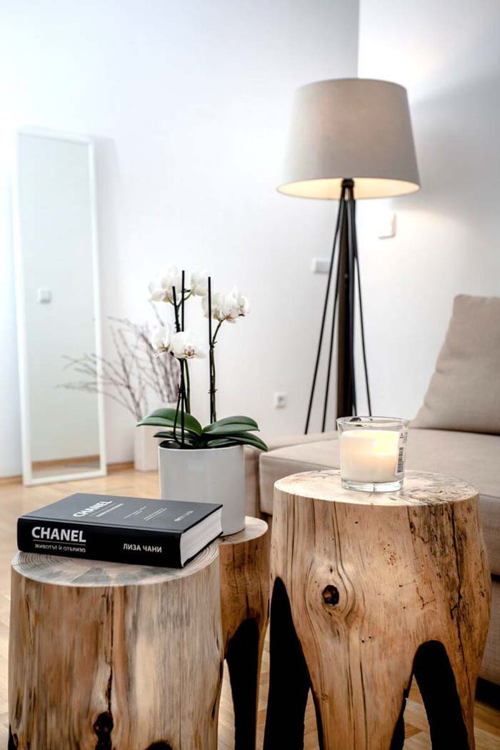 Artful Wooden Tables and Floor Lamp #smallapartment #livingroom #decorhomeideas