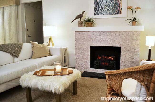 Beige and Gray Pebbled Neutral Tiled Fireplace #fireplace #design #decorhomeideas