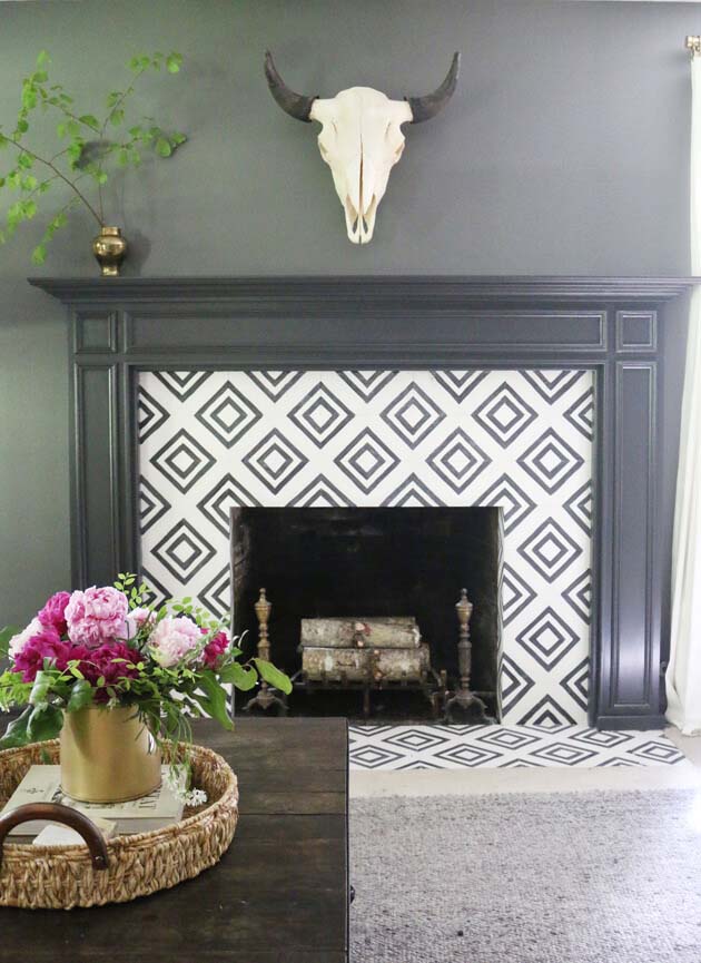 Black Mantel with Black and White Tile #fireplace #design #decorhomeideas