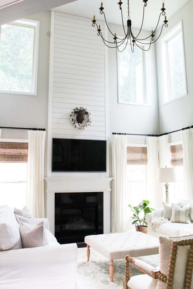 Continuous and Classic Dramatic Tall White Fireplace #fireplace #design #decorhomeideas