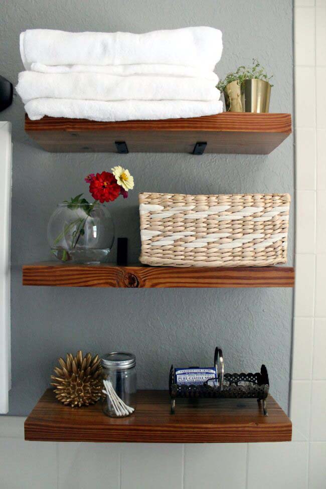 Dark Stained 'Floating' Wooden Shelves #storageideas #smallbathroom #decorhomeideas