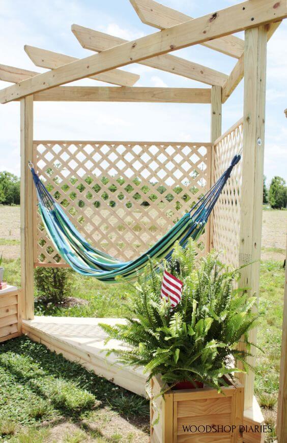 DIY Outdoor Hammock Stand with Floating Deck and Pergola #deckideas #backyard #decorhomeideas