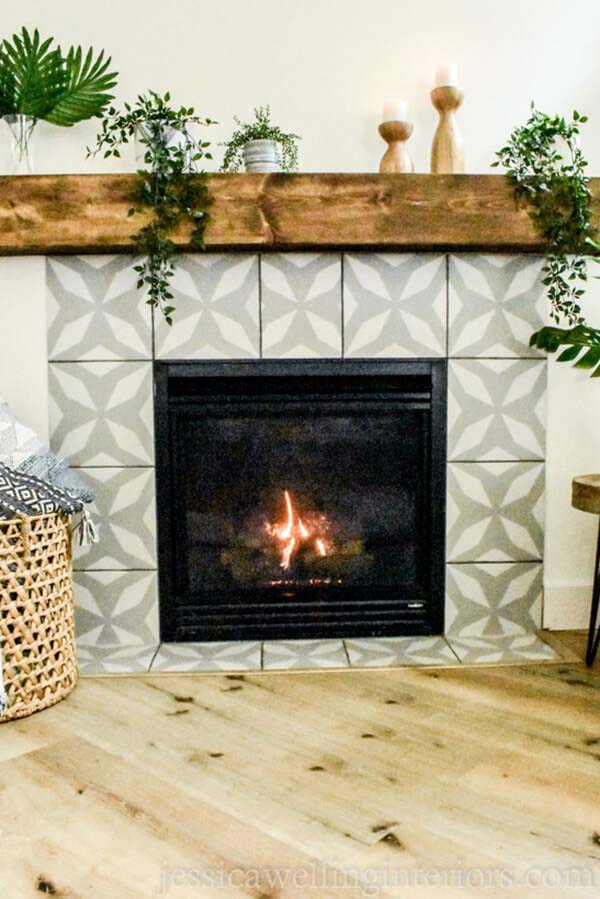 Kaleidoscope Gray and White Tiled Fireplace #fireplace #design #decorhomeideas