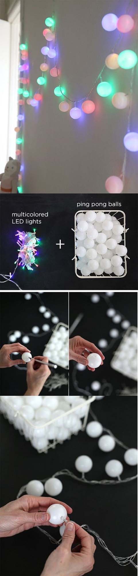 Multi-colored Party Lights: a Better Use for Ping-pong Balls #roomdecorationwithlights #decorhomeideas