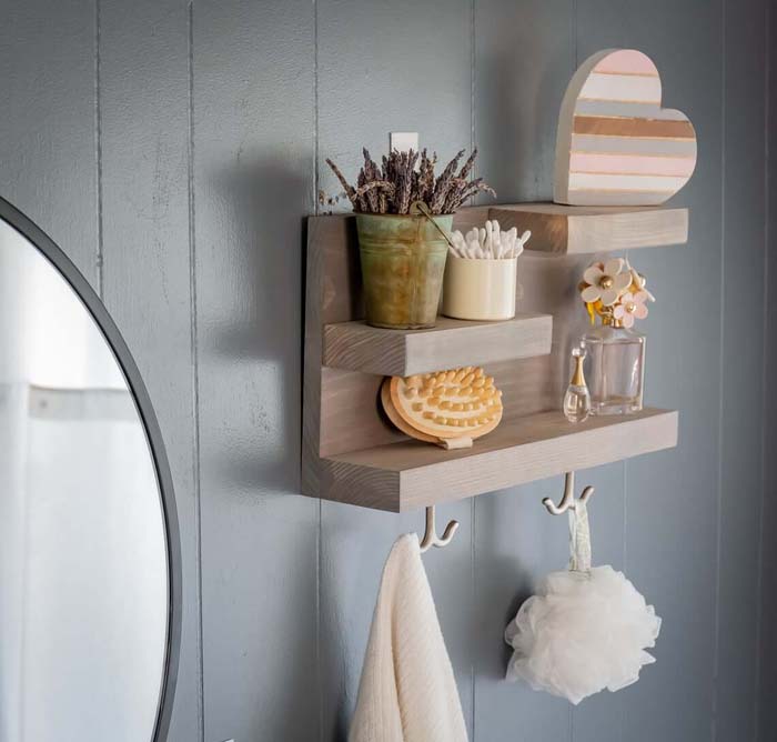 Muted Color Step Shelves with Bottom Hooks #storageideas #smallbathroom #decorhomeideas