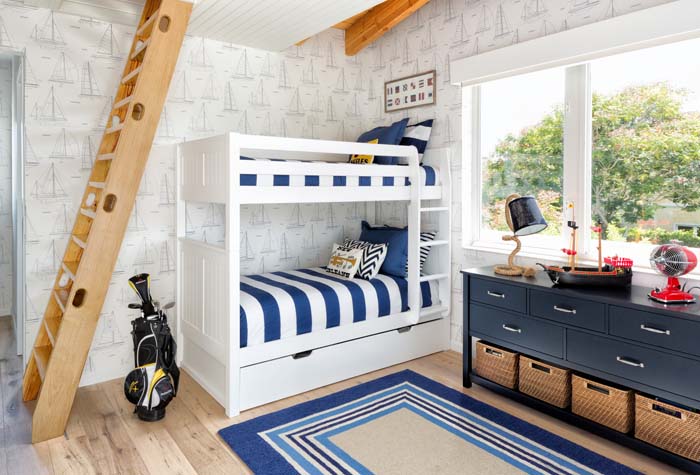 Nautical Theme Room With White And Blue Wallpaper #teenageboyroom #boyroom #decorhomeideas