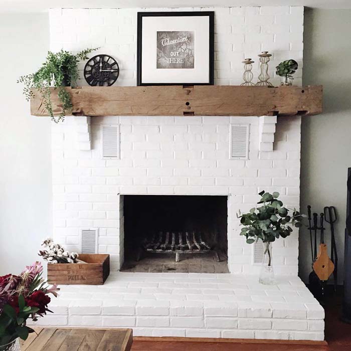 Recycled Timber Mantle and White Brick #fireplace #design #decorhomeideas