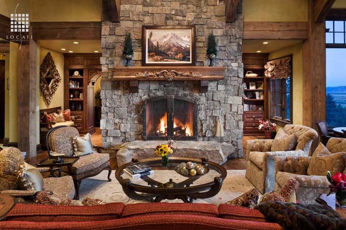 Rough Geometric Stone and Carved Wood Mantle #fireplace #design #decorhomeideas