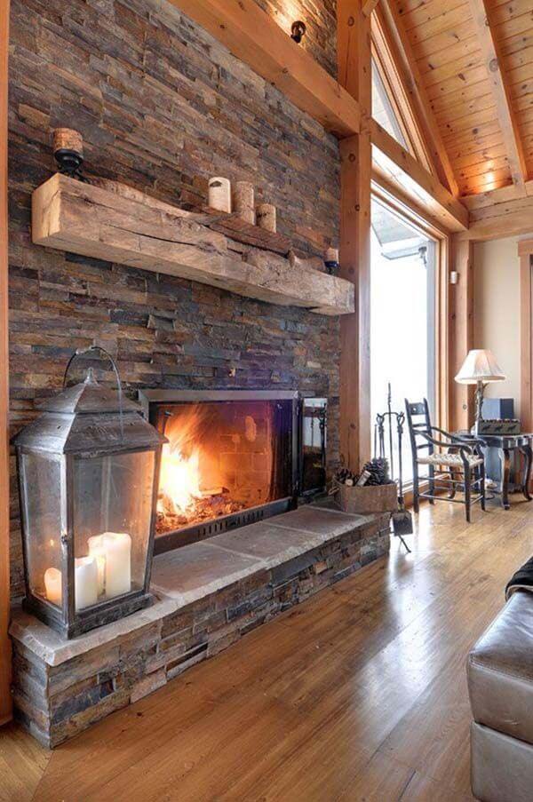 Stacked Field Stone and Heavy Timber Mantle #fireplace #design #decorhomeideas