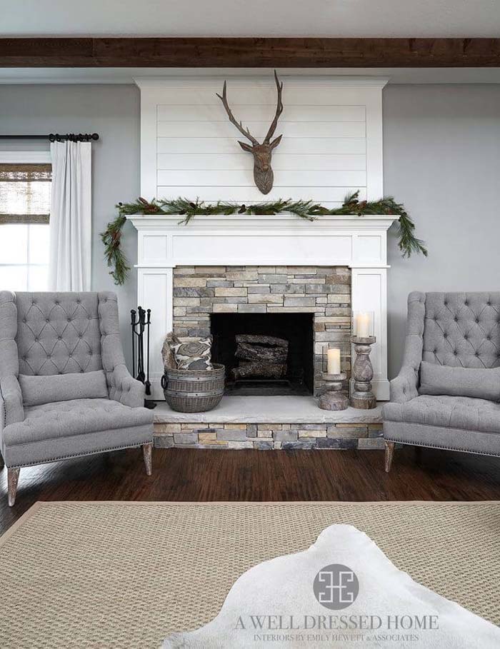 Transitional Stone and White Wood Fireplace #fireplace #design #decorhomeideas