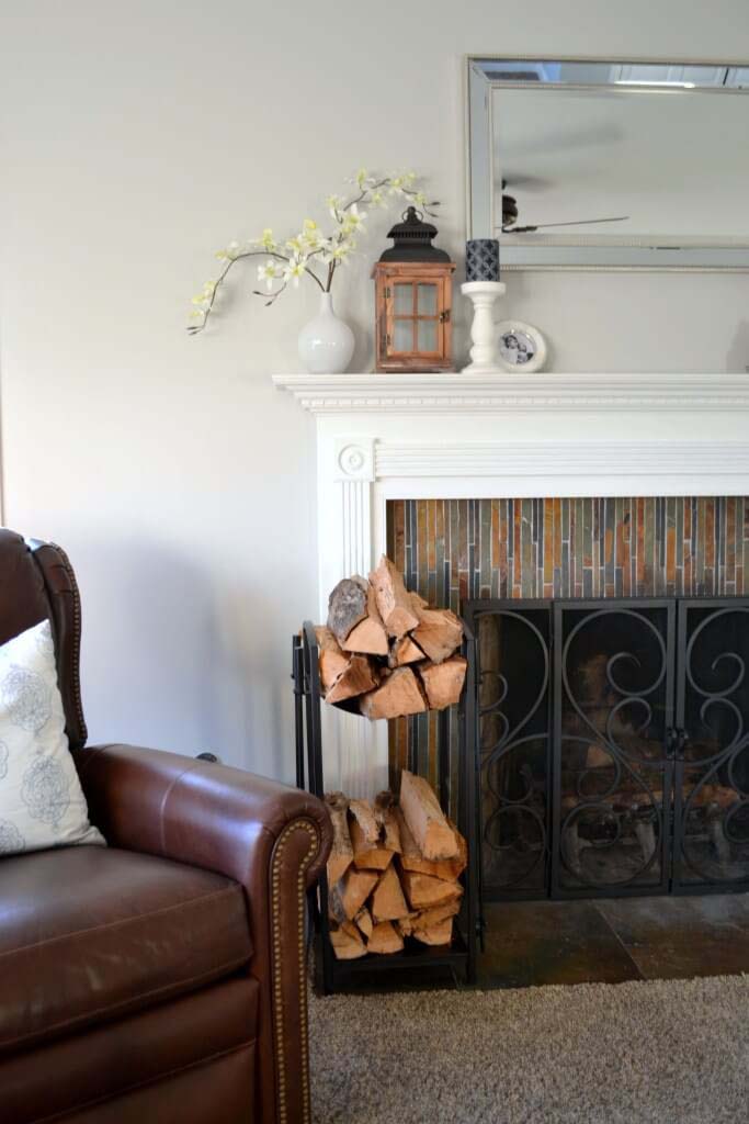 Vertical Multicolored Tile and White Fireplace #fireplace #design #decorhomeideas
