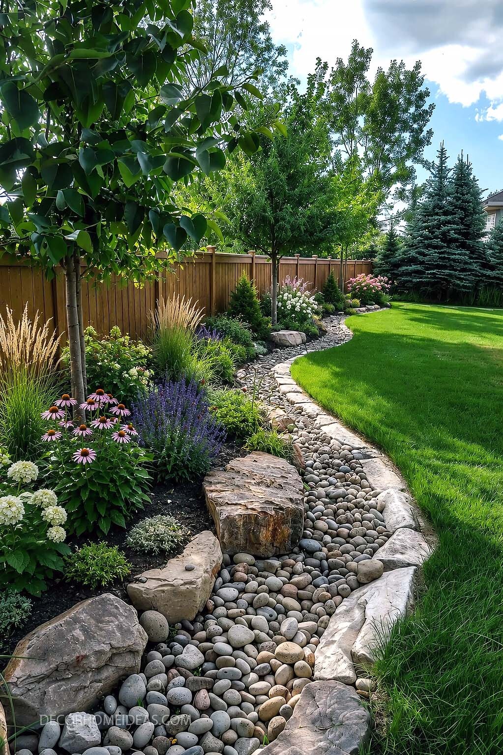 Backyard Dry Creek Bed Border with Lush Garden Plants