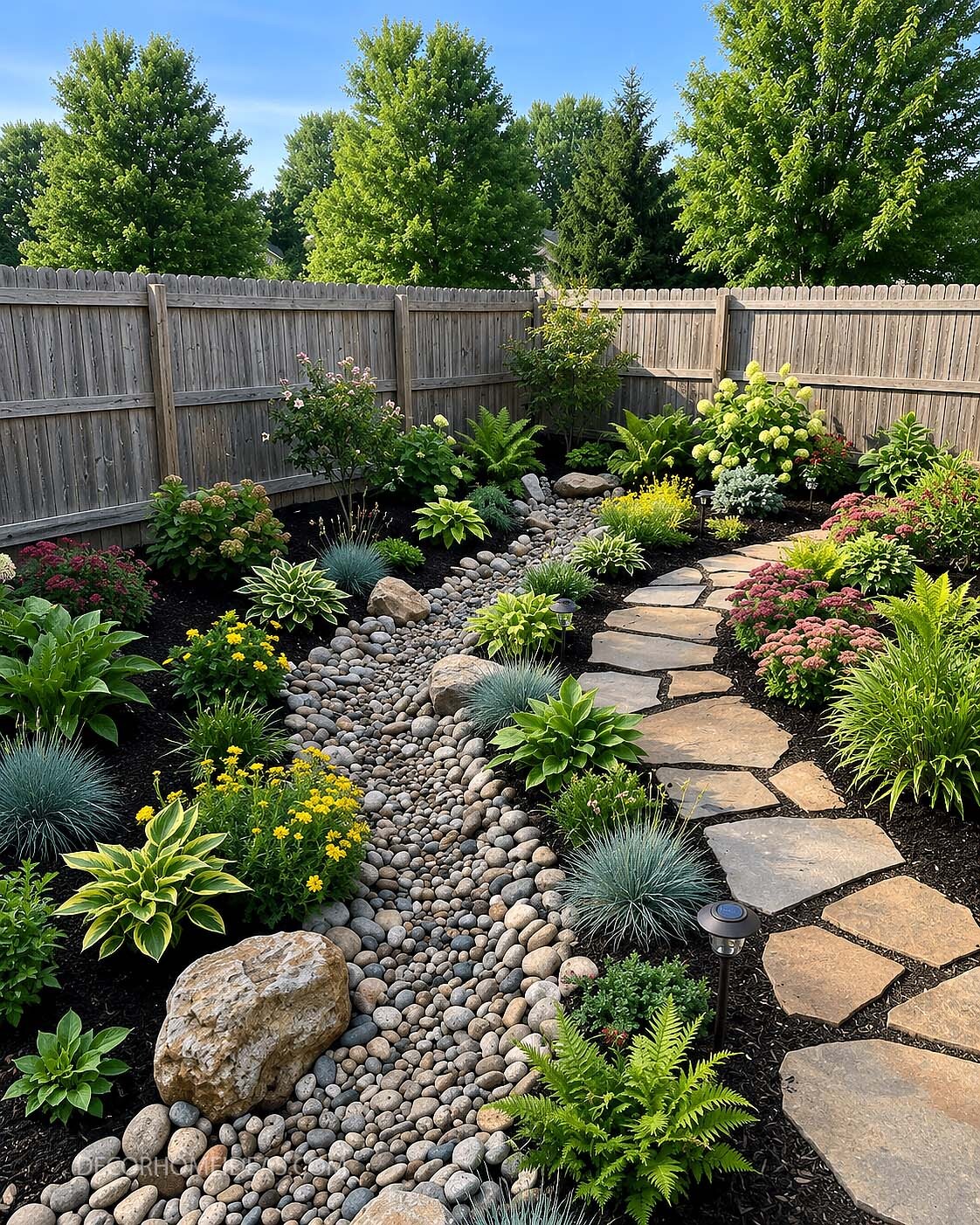 Backyard Dry Creek Bed Garden with Stone Path
