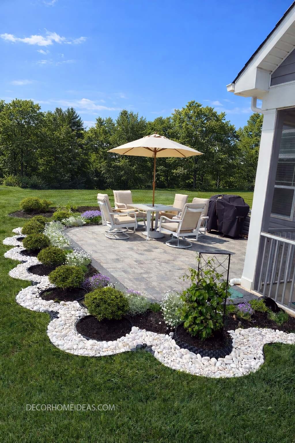 Backyard Patio Landscaping with Black Mulch and White Rock Border