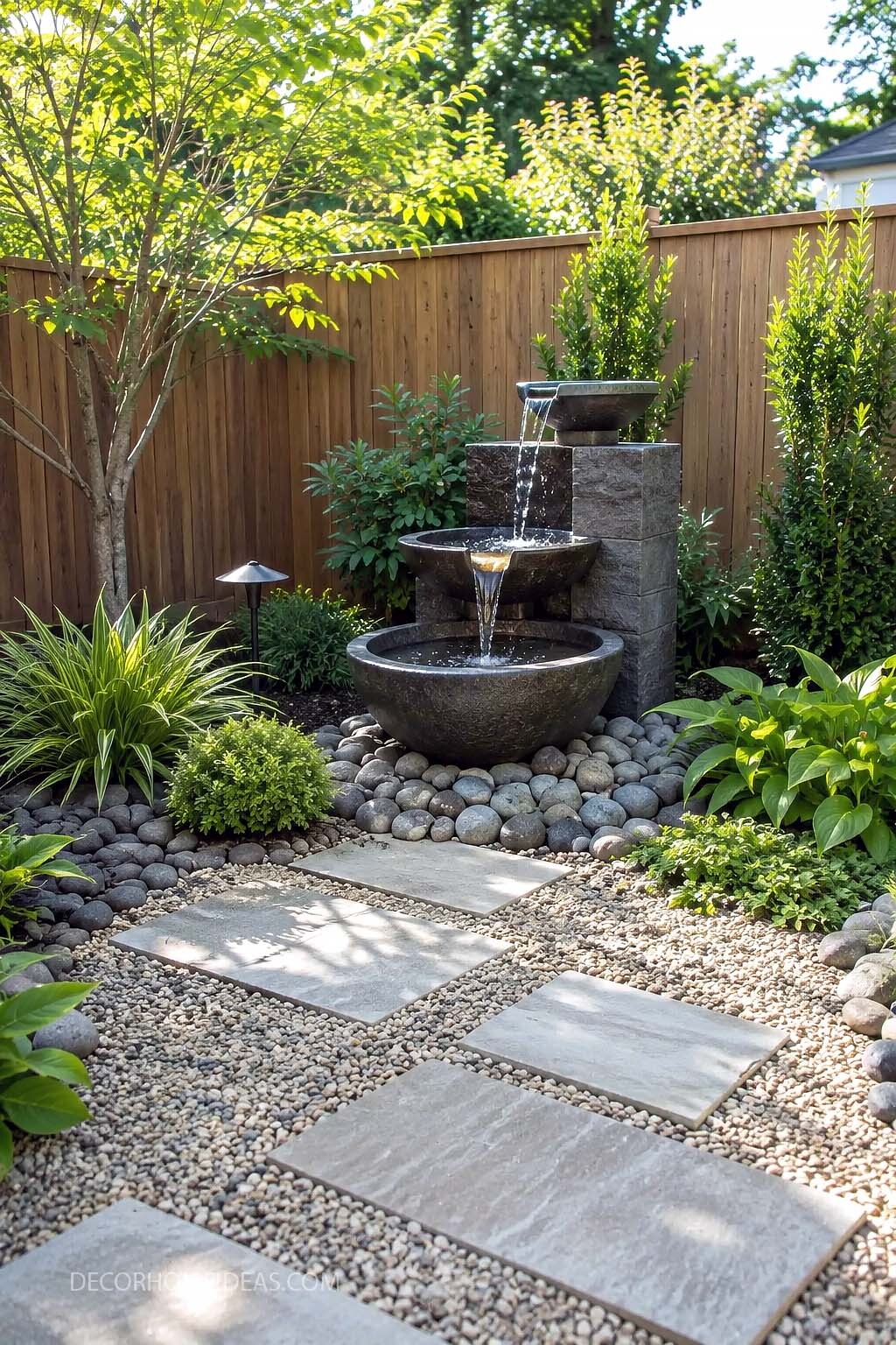 Backyard Water Fountain Landscaping With Stepping Stone Path