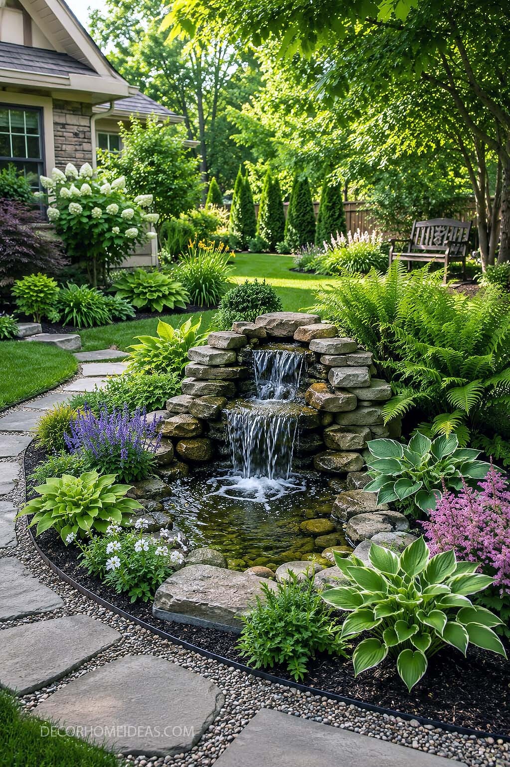 Backyard Waterfall Pond Landscaping With Hostas and Ferns