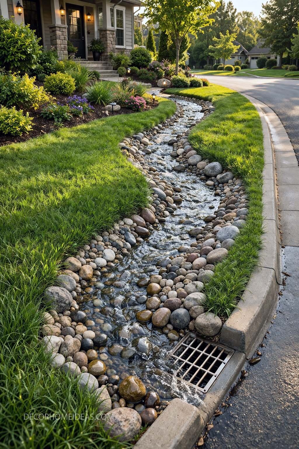 Beautiful Rock Drainage Swale Ideas for Front Yard Curb Appeal
