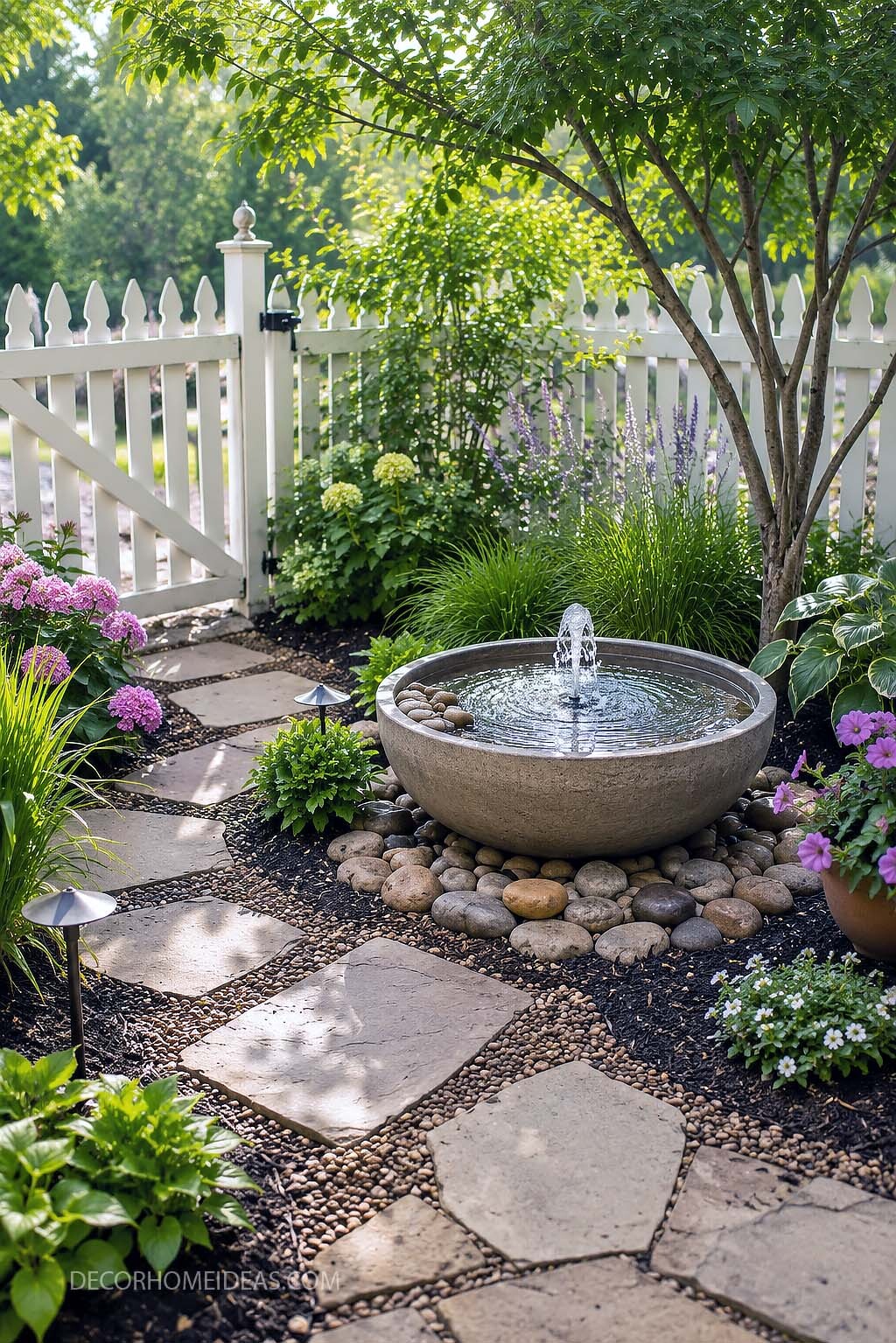 Charming Garden Fountain Corner With Stone Path and White Picket Fence