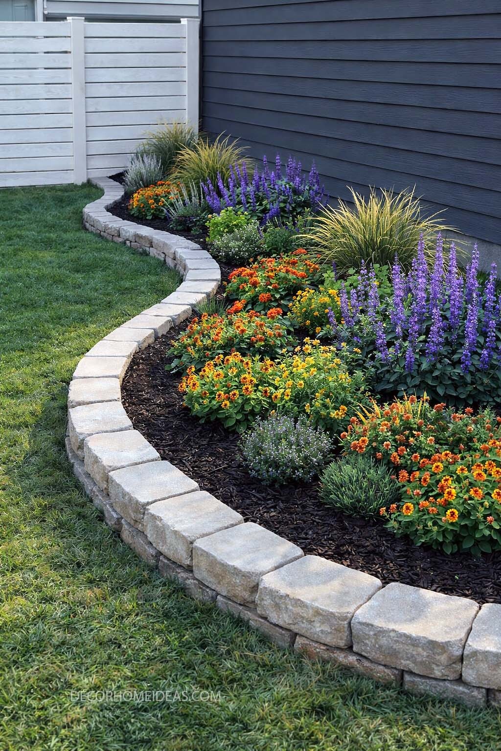 Colorful Flower Bed with Black Mulch and Stone Edging