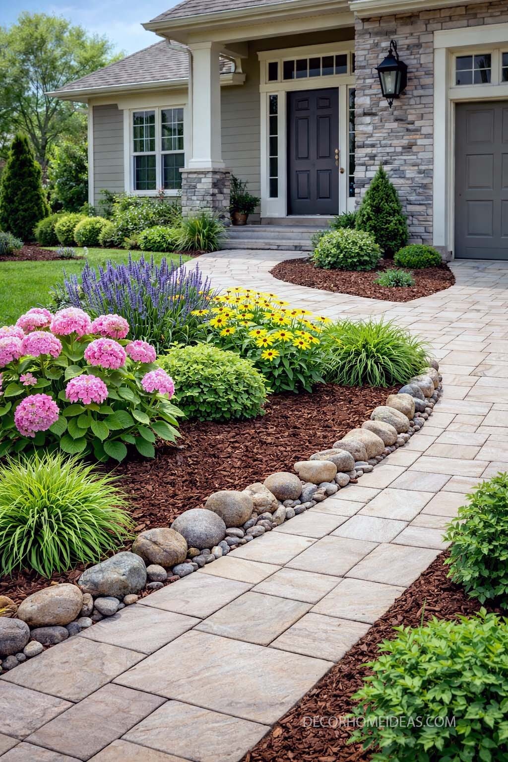 Colorful Front Yard Flower Bed with Stone Edging and Paver Walkway