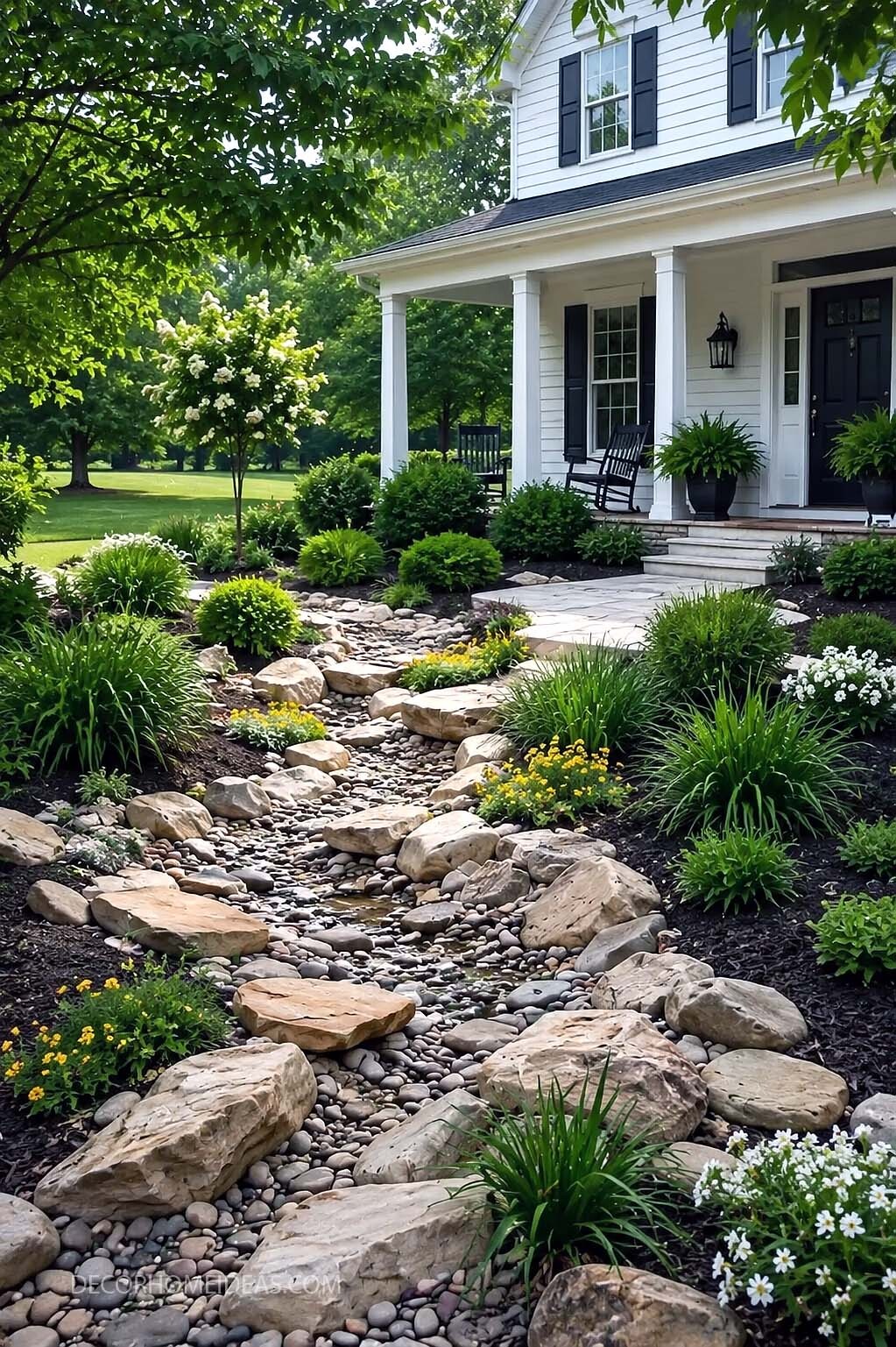 Dry River Bed Landscaping Idea for a Beautiful Front Yard