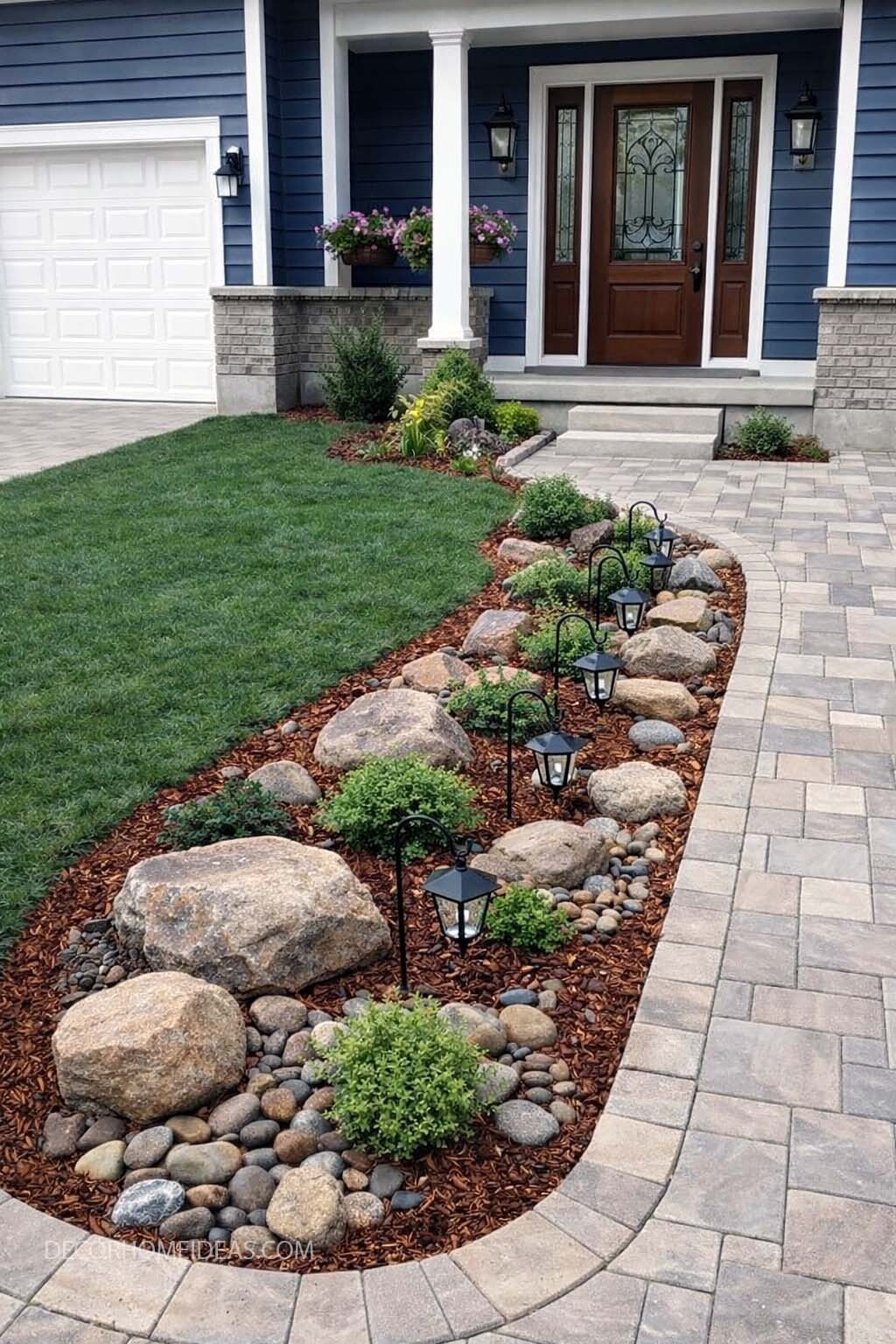 Elegant Front Yard With Paver Walkway, Rock Garden and Path Lights