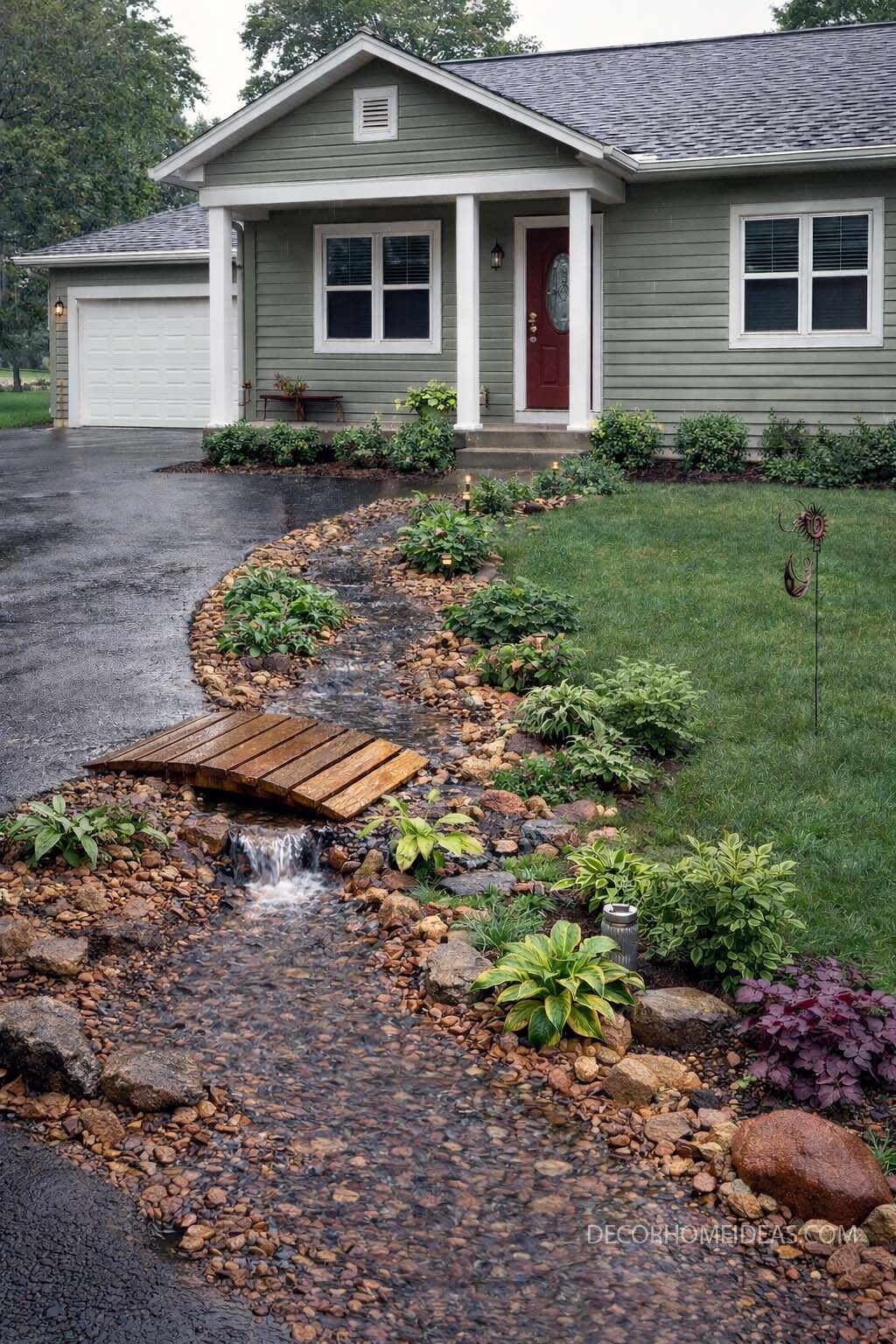 Front Yard Dry Creek Bed Landscaping Ideas for Drainage and Curb Appeal