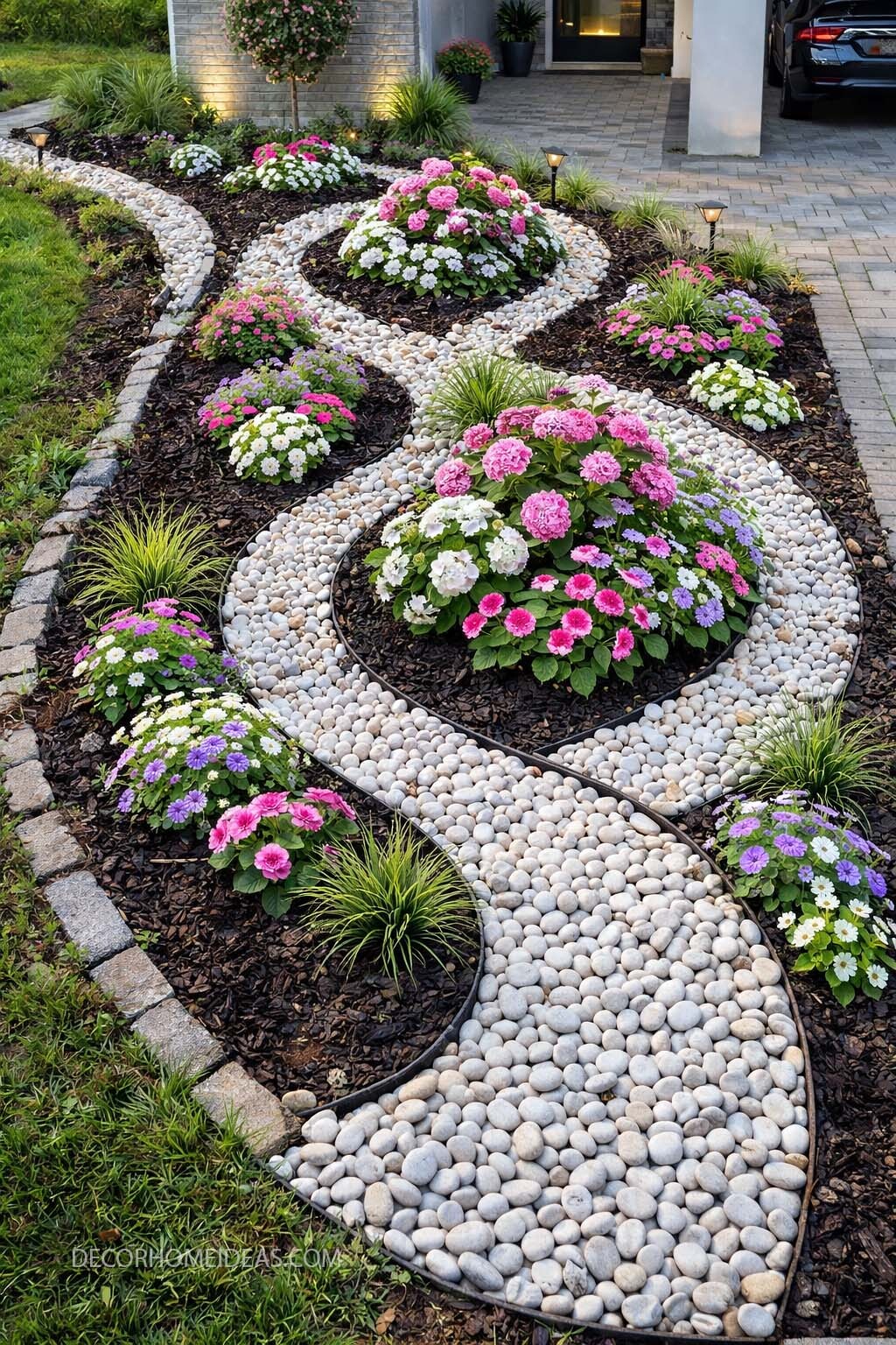 Front Yard Rock Garden with Black Mulch and Curved Flower Beds
