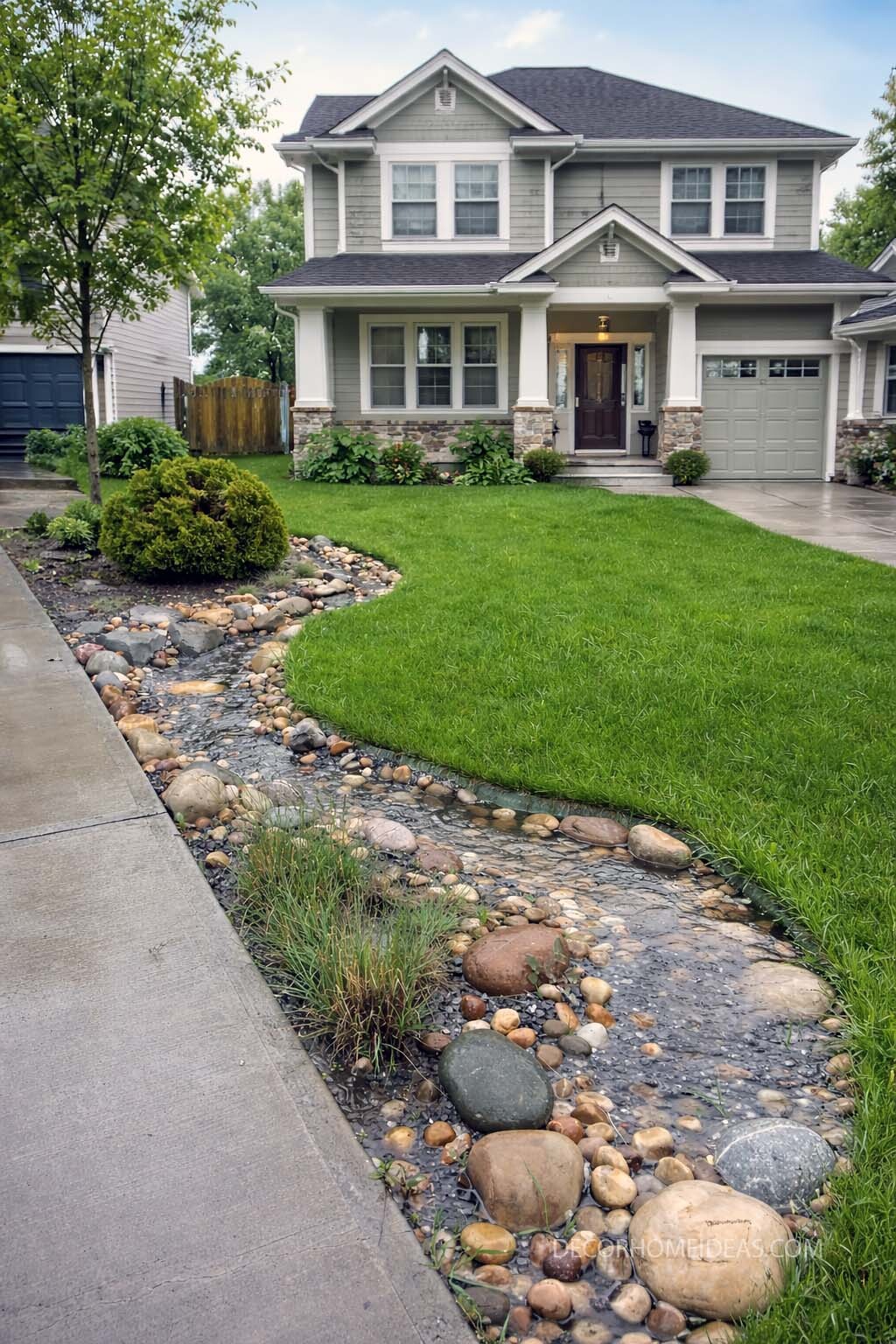 Front Yard Rock Swale Landscaping Ideas for Better Drainage