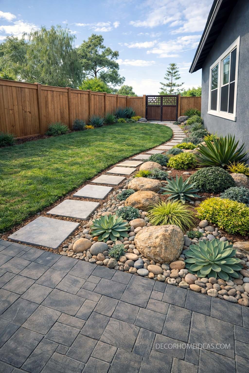 Modern Low Maintenance Backyard with Paver Walkway and Drought Tolerant Plants