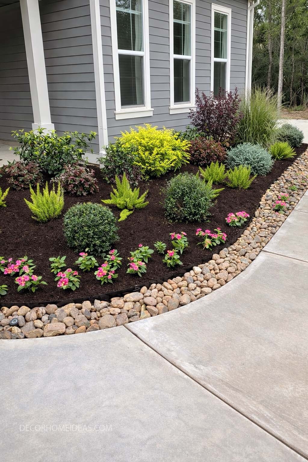Simple Front House Landscaping with Rock Border and Colorful Shrubs