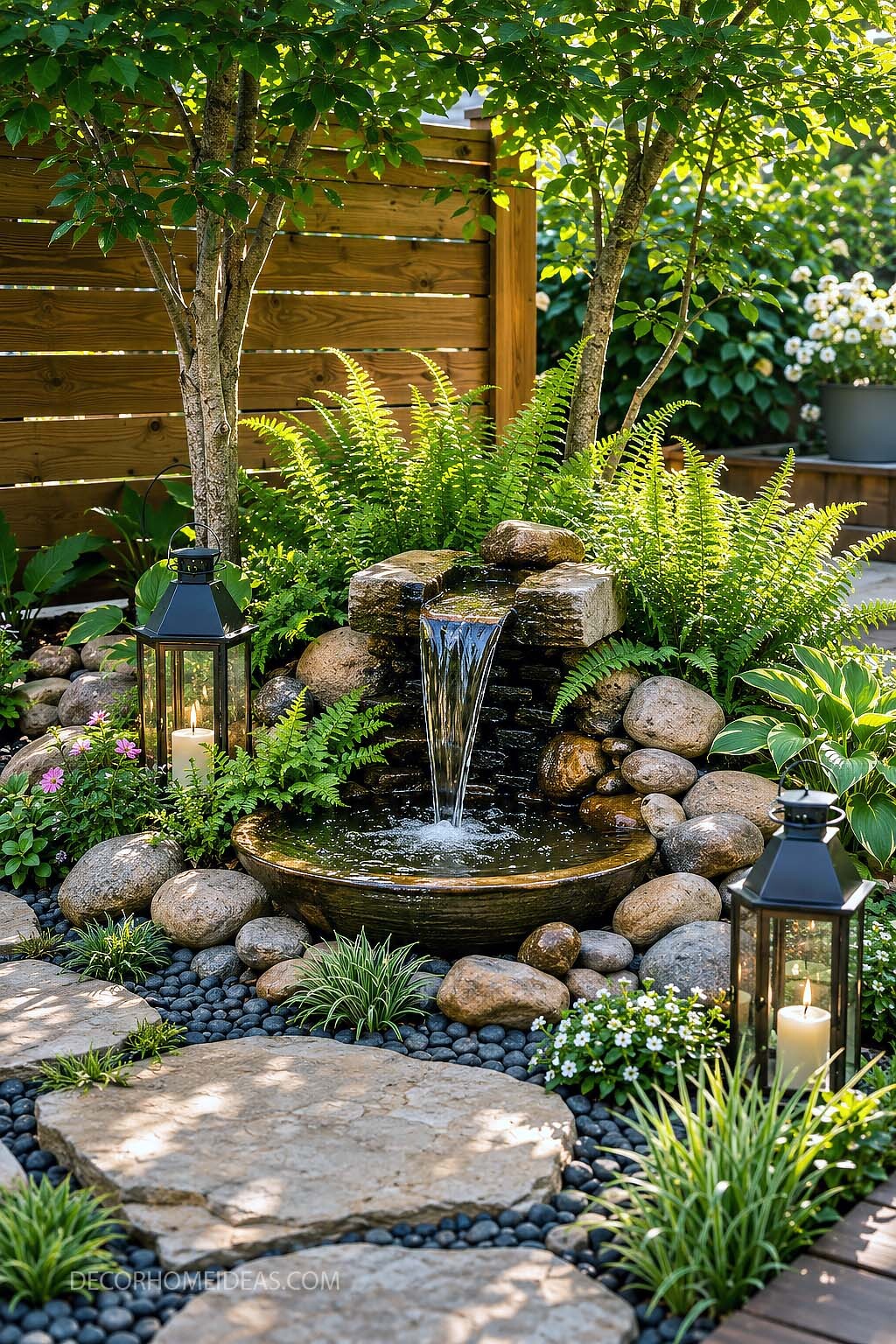 Small Backyard Water Fountain With Ferns and Lanterns