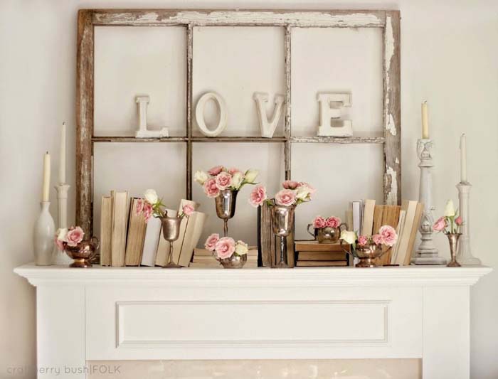 A Frame Perches Above The Fireplace #oldwindows #repurpose #decorhomeideas