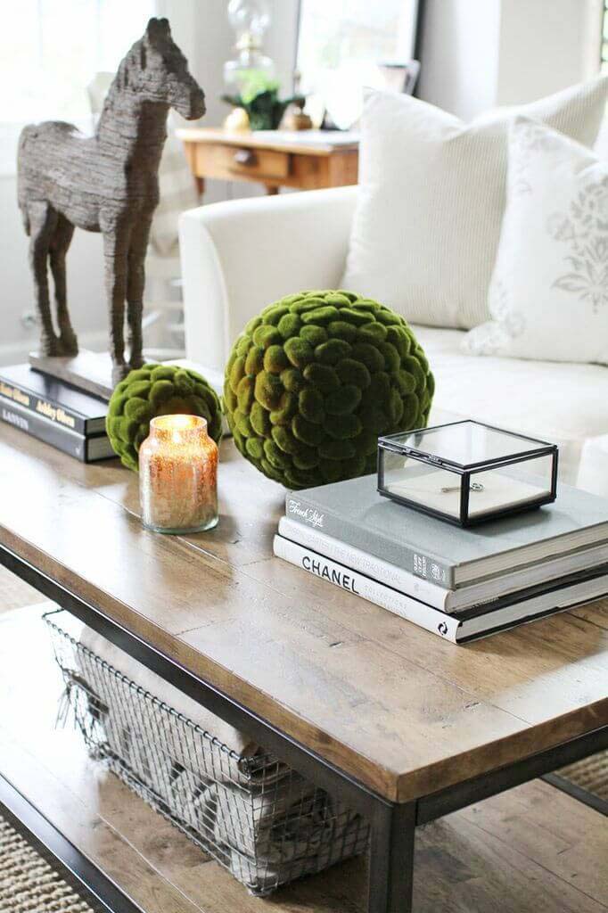 Almost Huggable Moss Topiary Spheres with Bronze Art Pieces #coffeetabledecor #decorhomeideas